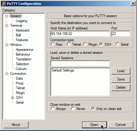 Putty - стартовая страница